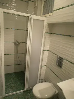 a bathroom with a toilet and a shower at Vintage Summer House in Budva