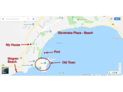 a screenshot of a google maps page with a magnifier at Vintage Summer House in Budva
