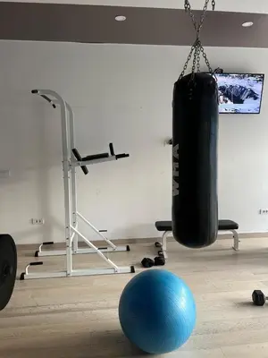 a gym with a punching bag and a blue ball at Sea view apartment in Bečići in Becici