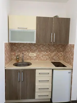 a kitchen with a sink and wooden cabinets at Aria Apartman 1 Ulcinj in Ulcinj