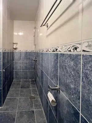 a bathroom with blue tiled walls and a toilet at Sun&Sea Petrovac in Petrovac na Moru