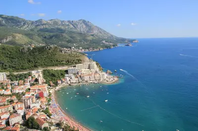 an aerial view of a beach and the ocean at Hotel Ponta Nova in Budva