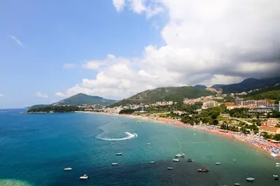 an aerial view of a beach with boats in the water at Hotel Ponta Nova in Budva