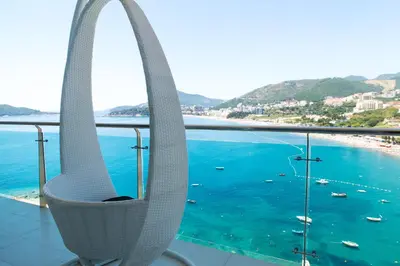 a view of the ocean from a hotel balcony at Hotel Ponta Nova in Budva