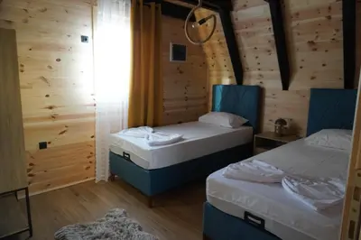 two beds in a room with wooden walls at Guest Houses Edita in Donji Štoj