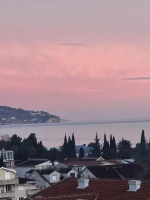 a view of a town with the ocean and houses at Апартаменти Будва in Budva