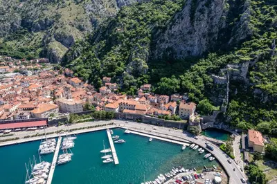 an aerial view of a harbor with boats in the water at Apartment NICO in Kotor