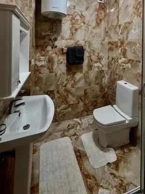 a bathroom with a white toilet and a sink at Apartament Rafailovici Budva in Budva