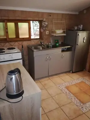 a kitchen with a sink and a refrigerator at Guest House Vila Bak in Budva