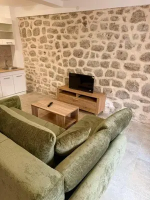 a living room with a couch and a tv on a stone wall at Apartman Kaprize in Budva