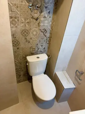 a bathroom with a toilet and a tile wall at Apartman Kaprize in Budva
