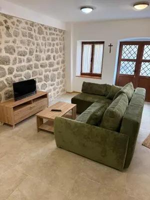 a living room with a green couch and a tv at Apartman Kaprize in Budva