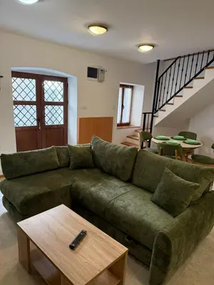 a living room with a green couch and a table at Apartman Kaprize in Budva