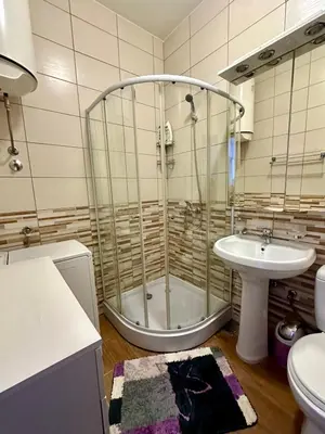 a bathroom with a shower and a sink at Velvet apartment Petrovac in Petrovac na Moru