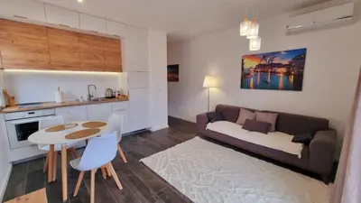 a living room with a couch and a table at Tehnoplus apartment in Budva