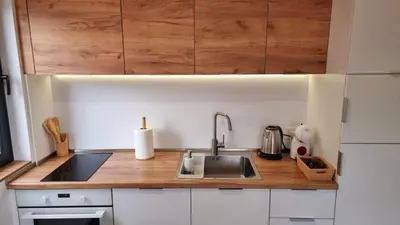 a kitchen with a sink and wooden cabinets at Tehnoplus apartment in Budva