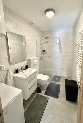 a bathroom with a sink and a toilet and a shower at Apartment Studio Z&M in Kotor