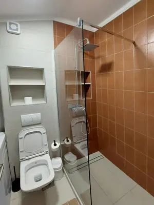 a small bathroom with a toilet and a shower at Bonaca Home Kotor in Kotor