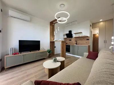 a living room with a couch and a flat screen tv at Olive Branch Studio Apartment Dobra Voda in Bar