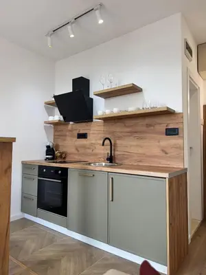 a kitchen with a sink and a stove at Olive Branch Studio Apartment Dobra Voda in Bar