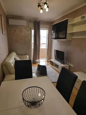 a living room with a table and a couch at Central Point apartment in Podgorica