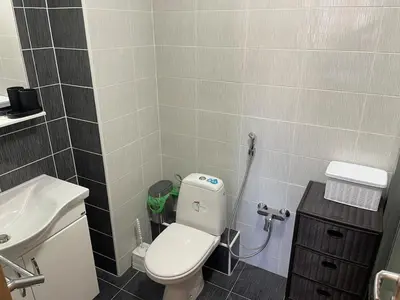 a small bathroom with a toilet and a sink at Apartment with large living room in Bar