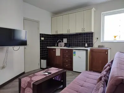 a living room with a couch and a kitchen at Mystras Apartments in Kotor