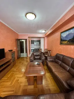 a living room with a leather couch and a coffee table at Apartman Marina in Podgorica