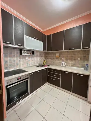 a kitchen with dark brown cabinets and appliances at Apartman Marina in Podgorica