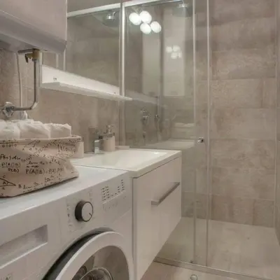 a white washing machine in a bathroom with a shower at Apartments Danica in Petrovac na Moru