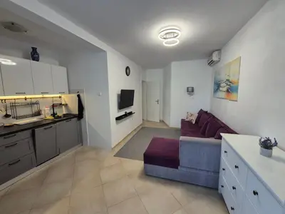 a large living room with a couch and a kitchen at Cozy apartment in Petrovac in Petrovac na Moru