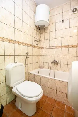 a bathroom with a toilet and a bath tub at Studio Mimi City Center Bar in Bar