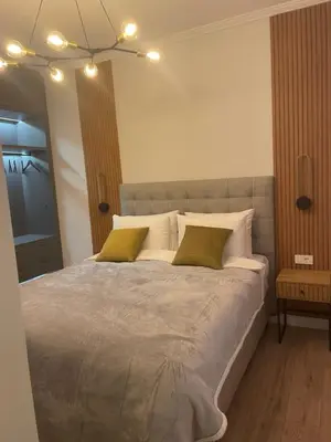 a bedroom with a large bed with two green pillows at Sunrise Suite in Kotor