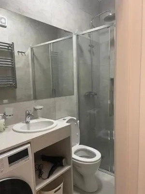 a bathroom with a shower and a toilet and a sink at Sunrise Suite in Kotor