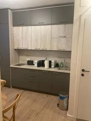 a kitchen with gray cabinets and a counter top at Sunrise Suite in Kotor