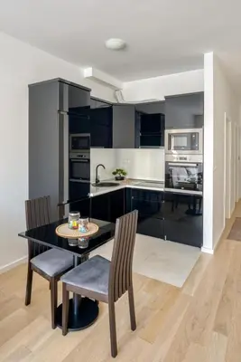 a kitchen with a table and two chairs and a kitchen with black cabinets at Studio apartment in Bar