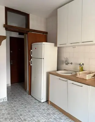 a kitchen with a white refrigerator and a sink at Sea&Sun in Sutomore
