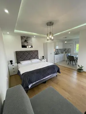 a bedroom with a large bed and a living room at Boskovic Apartments in Podgorica