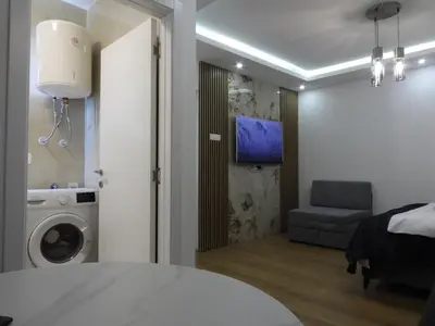 a room with a bed and a washing machine at Boskovic Apartments in Podgorica