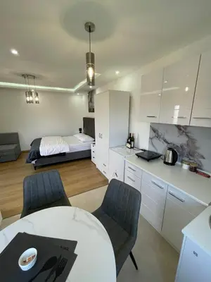 a kitchen with a table and a bed in a room at Boskovic Apartments in Podgorica