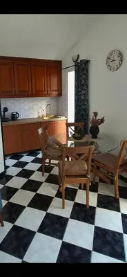 a kitchen with a table and a checkered floor at Apartment Vujosevic D&D in Kotor