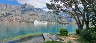 a cruise ship on a lake with mountains in the background at Apartment Vujosevic D&D in Kotor