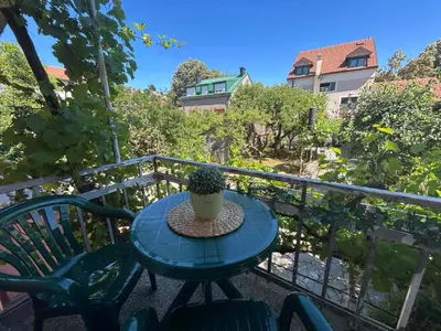 a table with a potted plant sitting on a balcony at Apartment 086 in Cetinje