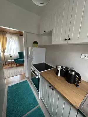 a kitchen with white cabinets and a green rug at Apartment 086 in Cetinje
