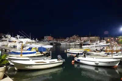 a group of boats docked in a harbor at night at Apartment Lucky in Budva