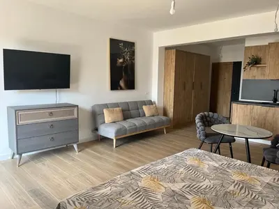a living room with a couch and a tv at Fusion Apartment in Dobra Voda