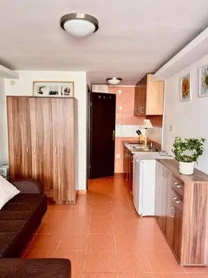 a living room with a kitchen and a couch in a room at Garsonjera in Kravlja