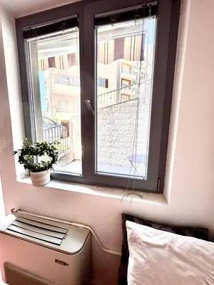 a bedroom with a window with a plant on a radiator at Garsonjera in Kravlja