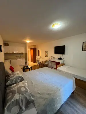 a bedroom with a bed and a living room at Quiet Studio Bečići Garage available 5 e per day in Boreti