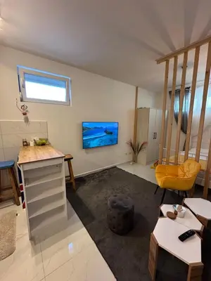 a room with a kitchen and a living room at Stex Prime City Kvart in Podgorica
